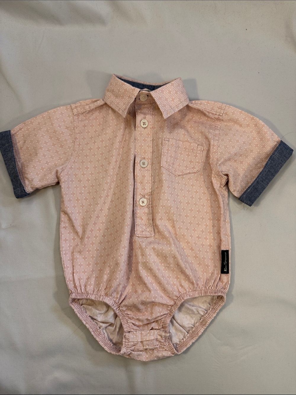 Ben Sherman Pink Short-Sleeve Collared One-Piece Bodysuit with Navy Trim